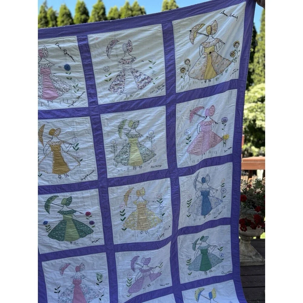 Vintage Handmade embroidered friendship quilt with Sun Bonnet Girls. 77” X 95”